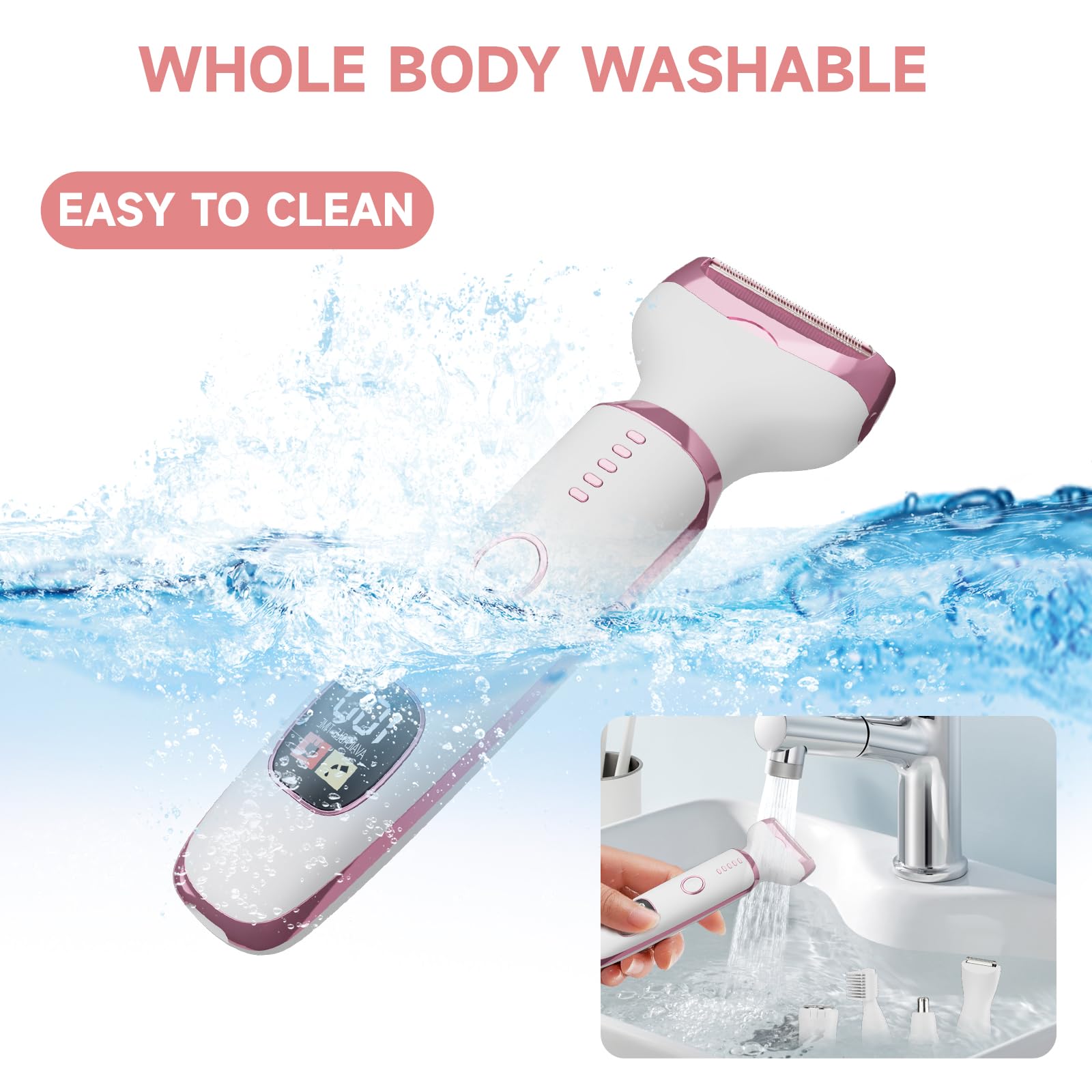 Generic 5-in-1 electric razor for women with LED display highlights battery status.