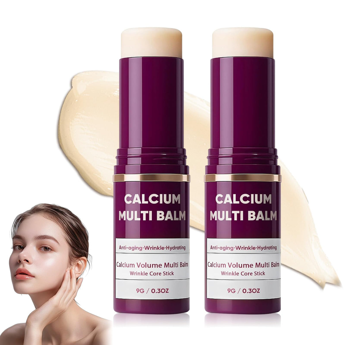 Generic Calcium Multi Balm tube applying on the face for daily hydration.