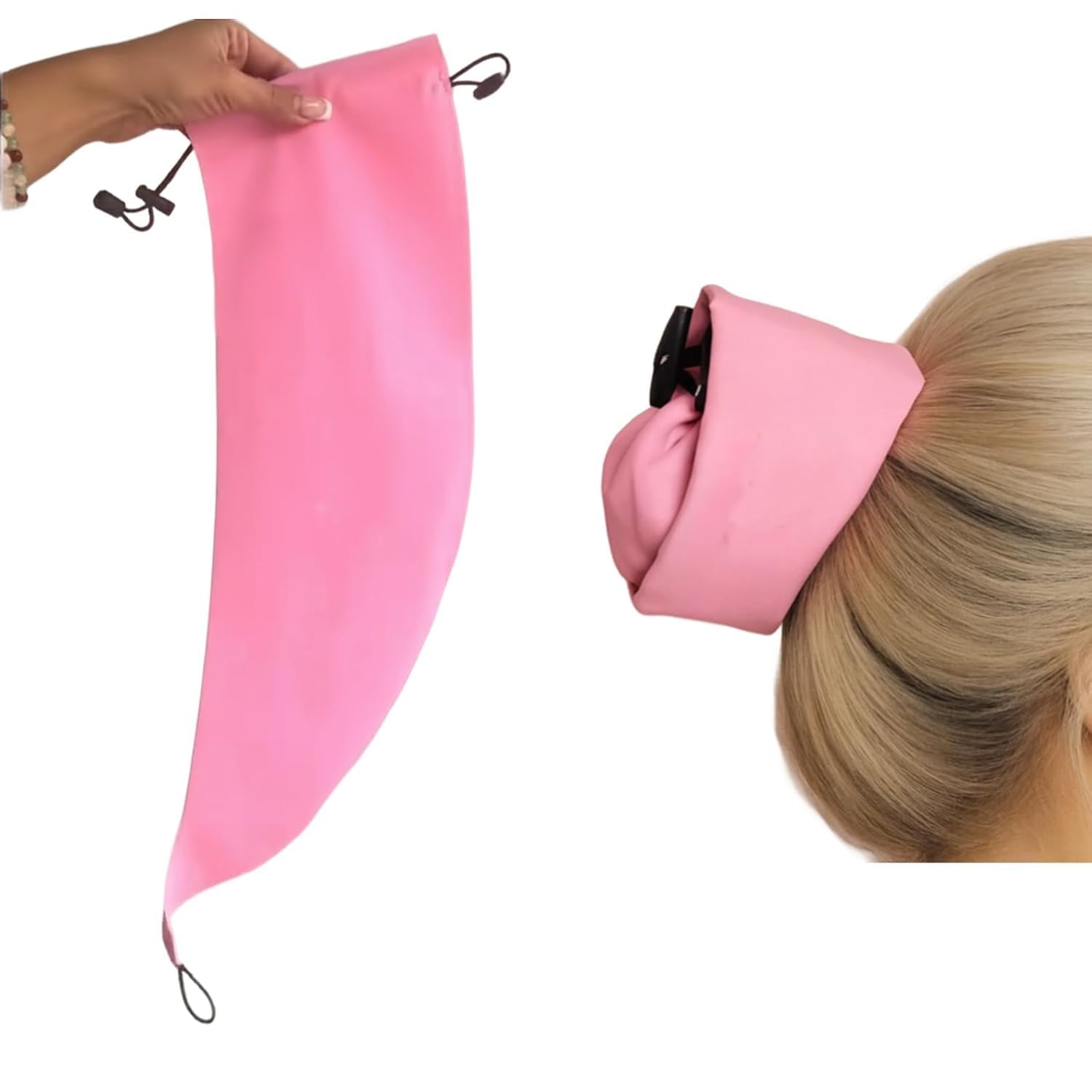 Generic Crown Washing Cap pink close-up demonstrating waterproof protection of styled ends.
