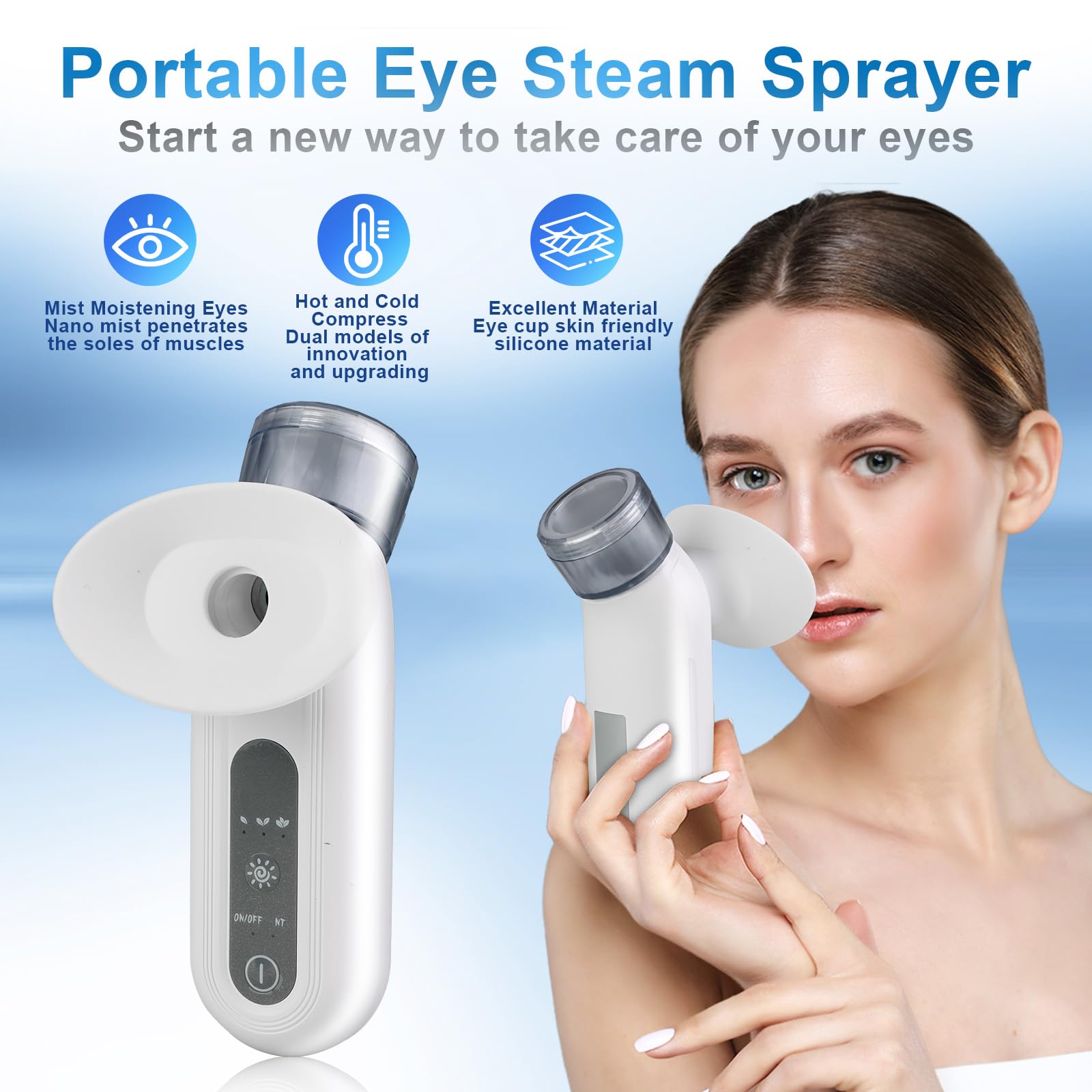 Generic Eye Steam Sprayer handheld close-up showing fine mist near eye