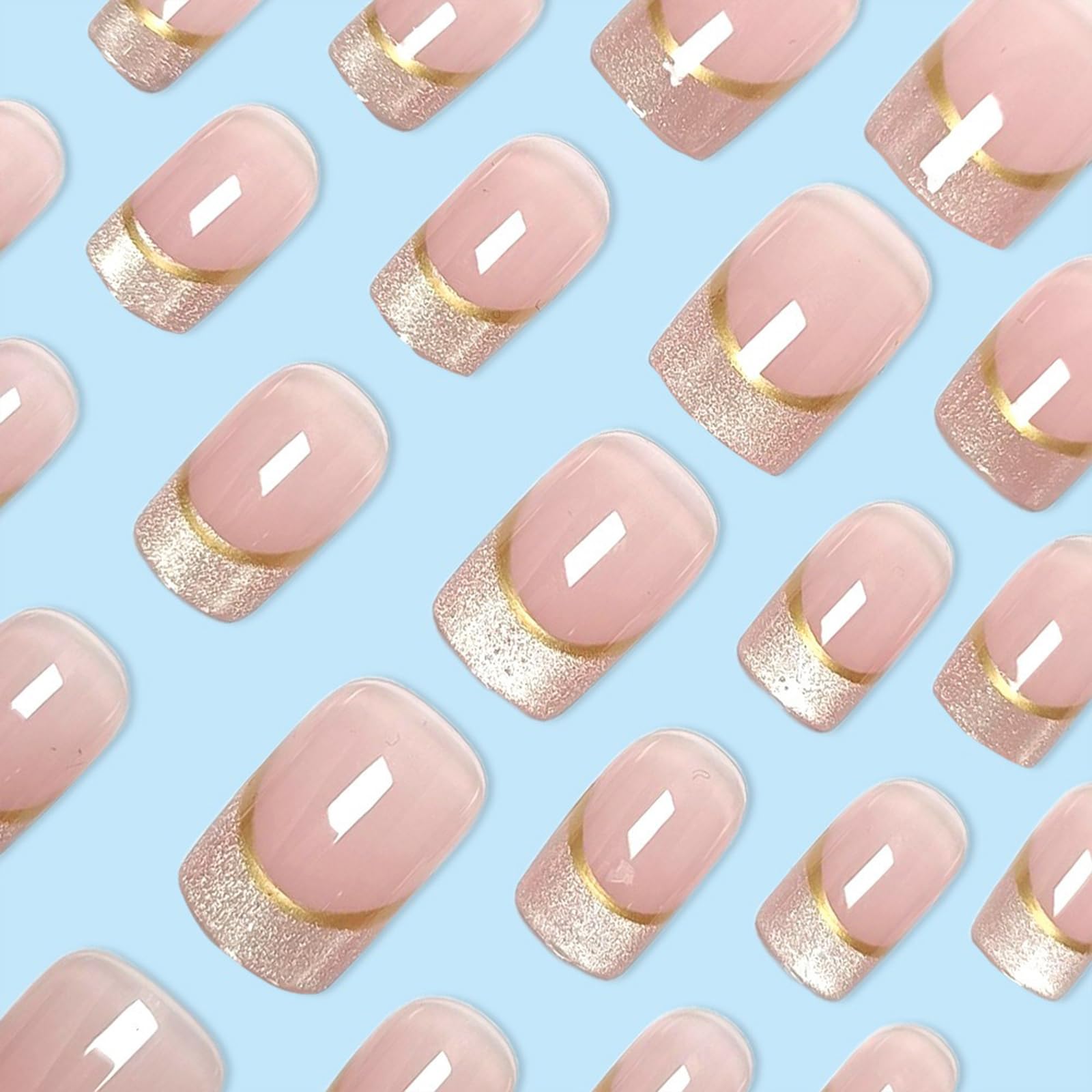 Generic French nails with gold stripes for chic dressy style.