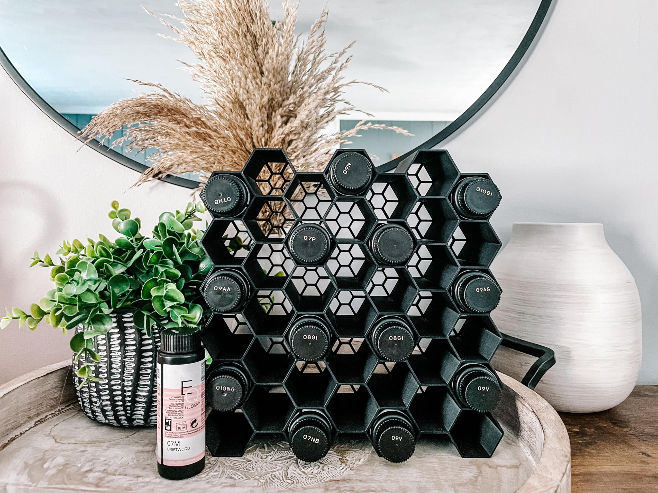 Generic HexRacks hair dye holder wall mount shows organized storage for quick color selection.