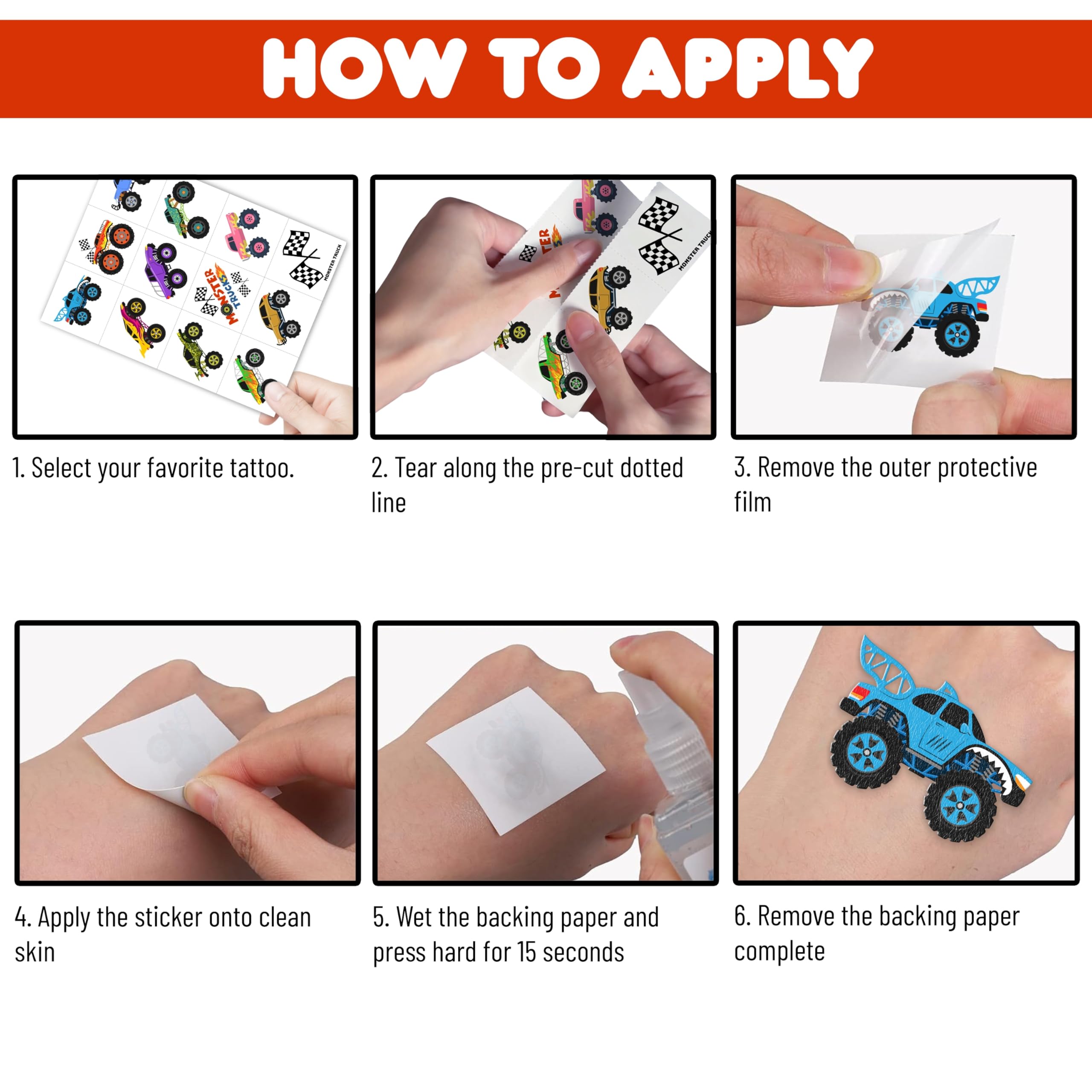 Generic Monster Truck Tattoos ideal for party tables, DIY booths, and classroom activities.