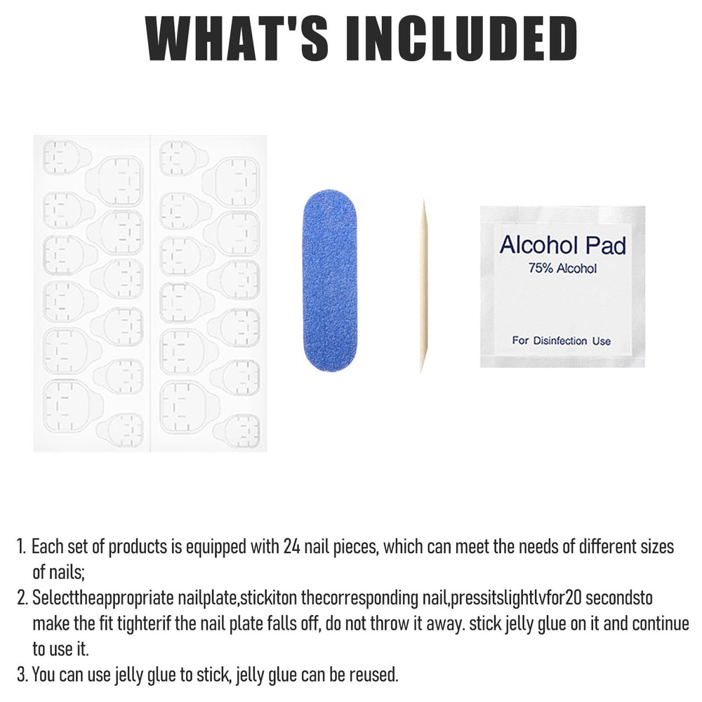 Generic nail file and wooden remover stick included for shaping and removal.