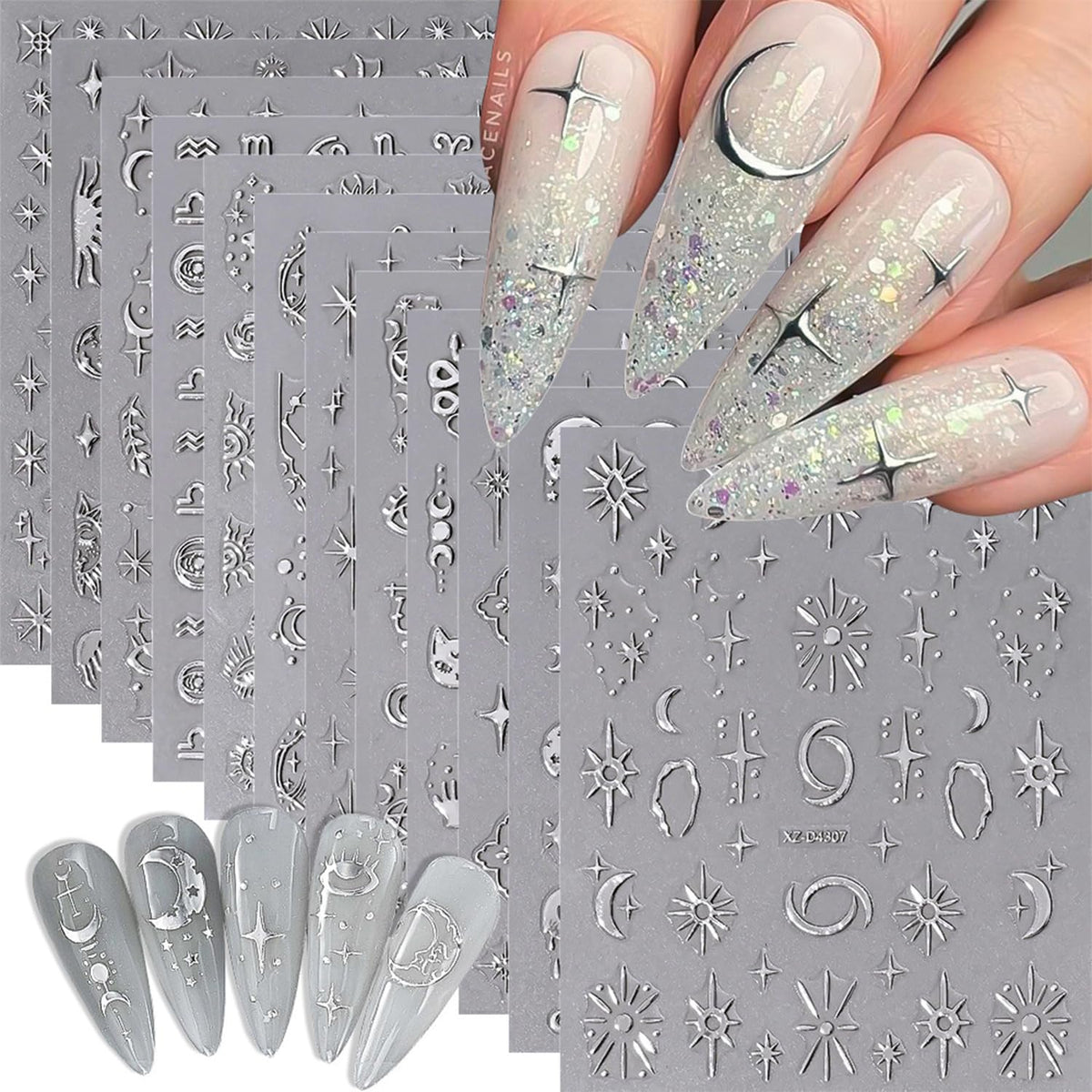 Generic star moon nail stickers pack 1 on nails for quick DIY manicure