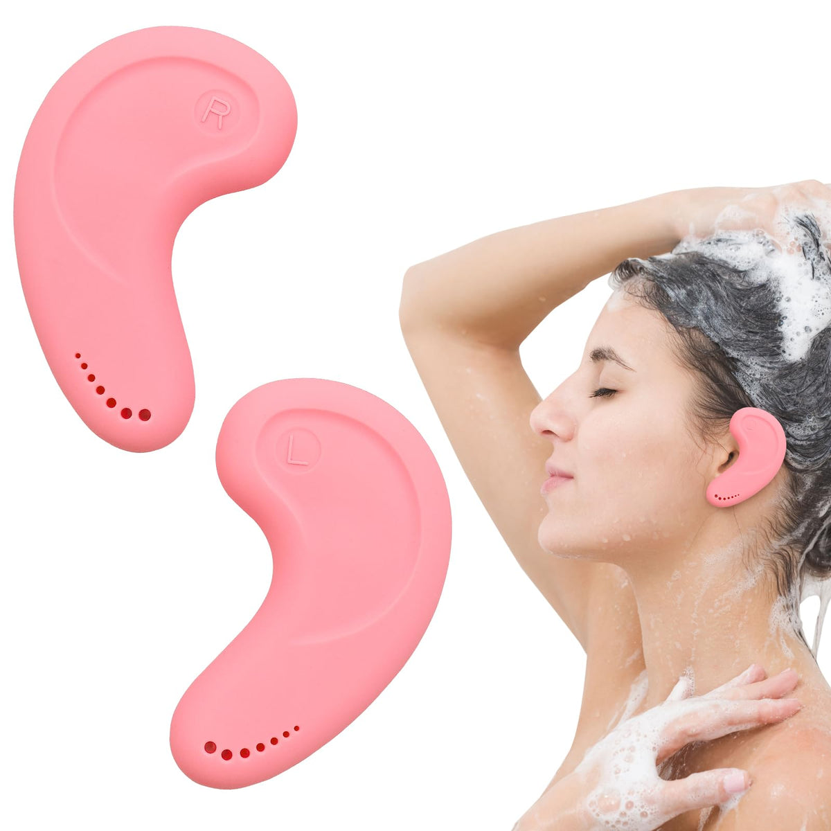 Generic silicone ear covers left ear pink provide secure fit during hair drying