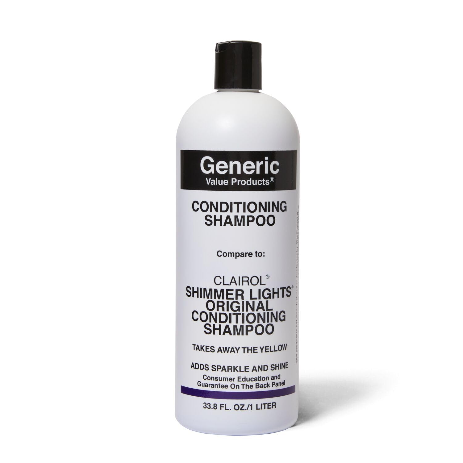 Generic Value Products Conditioning Purple Shampoo bottle-front demonstrates toning brassiness for blonde or gray hair.