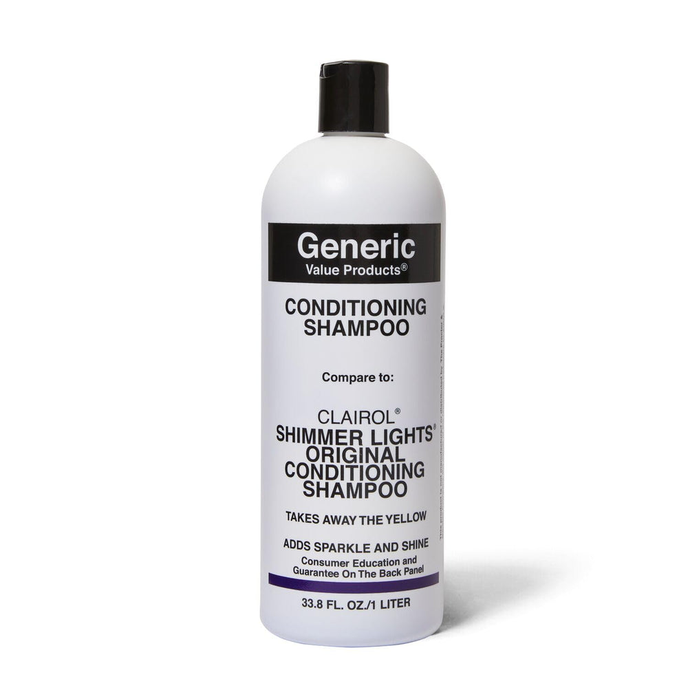 Generic Value Products Conditioning Purple Shampoo bottle-front demonstrates toning brassiness for blonde or gray hair.