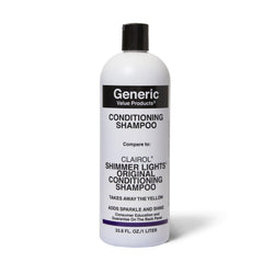 Generic Value Products Conditioning Purple Shampoo bottle-front demonstrates toning brassiness for blonde or gray hair.