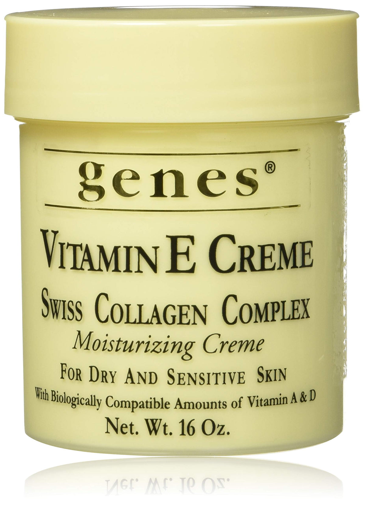 Genes Vitamin E Creme bottle close-up showing hydrating formula for dry skin relief.