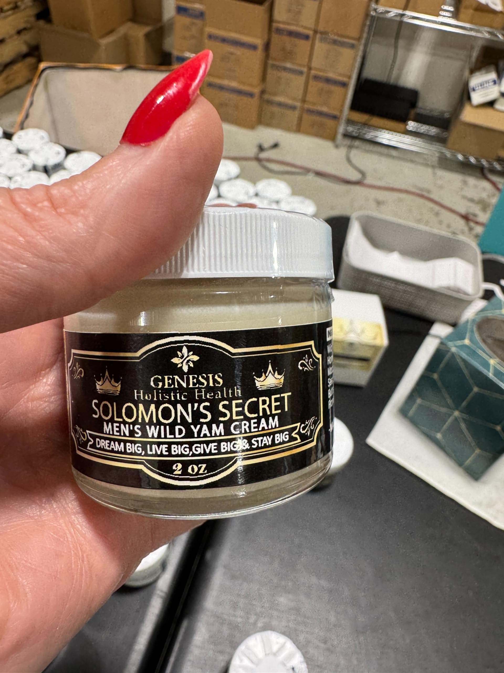 Genesis Solomon's Secret Wild Yam Cream label-closeup demonstrates USA-made, non-toxic skincare benefits