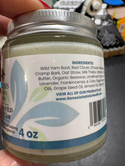Label featuring wild yam, chaste tree berry, and red clover on Genesis Wild Yam Cream