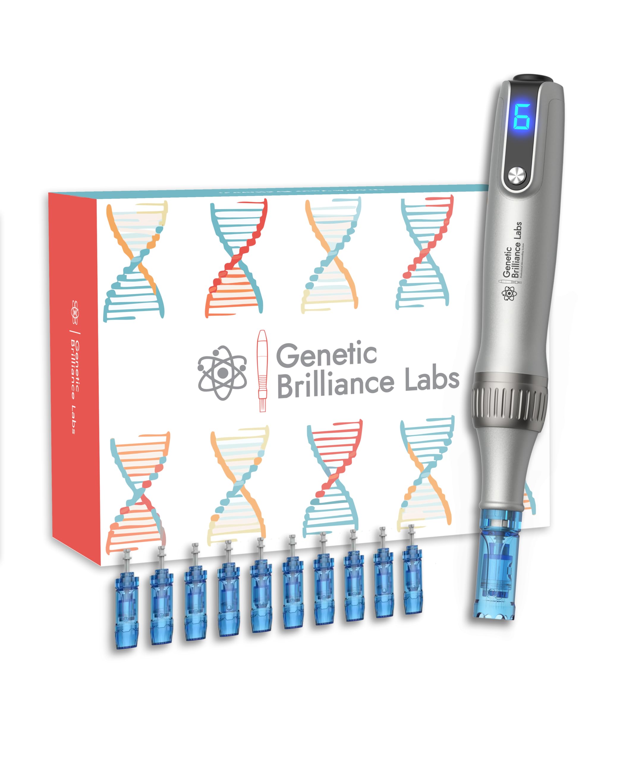 Genetic Brilliance Labs wireless cosmetic pen used for precise brow detailing and skin contact.
