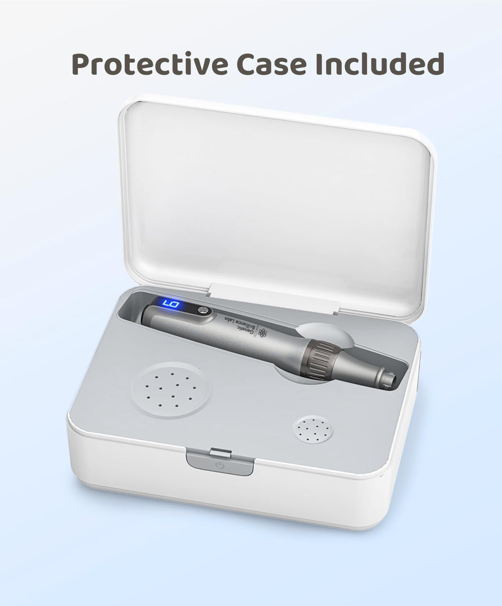 Genetic Brilliance Labs travel case protects the device and cartridges for on-the-go skincare.