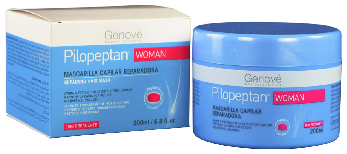 Genové Pilopeptan 200ml hair mask packaging on shelf for daily nourishment.