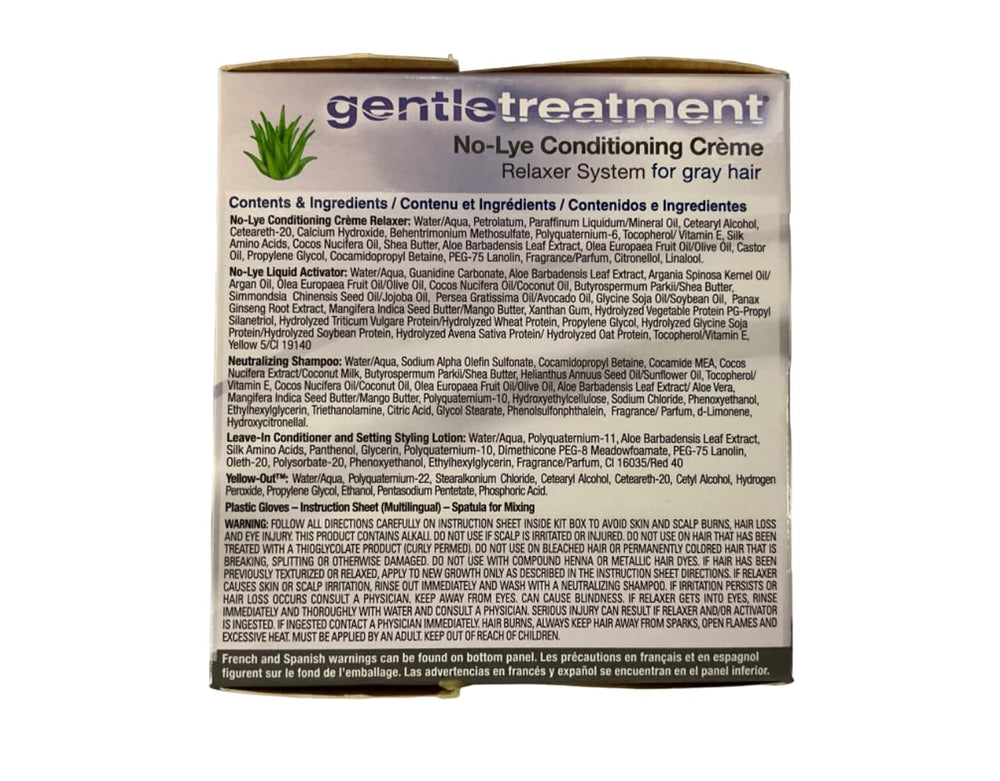 Gentle Treatment Grey No-Lye Relaxer application showing one-step conditioning.