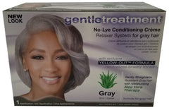 Gentle Treatment Grey No-Lye Relaxer Kit packaging with Aloe Vera for soothing conditioning.