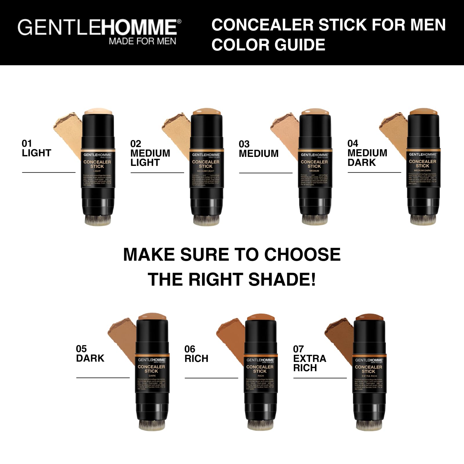 Gentlehomme concealer-stick-brush-dab-blend demonstrates quick smoothing and even skin tone.