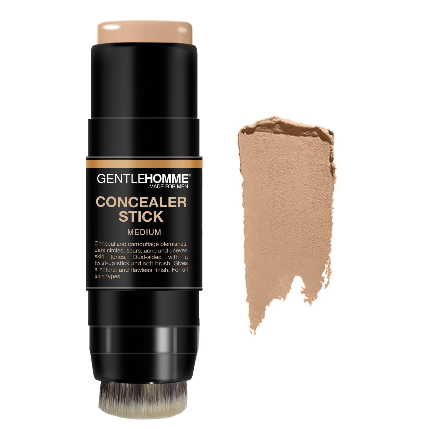 Gentlehomme concealer stick with brush application shows precise blemish concealment for selfies.