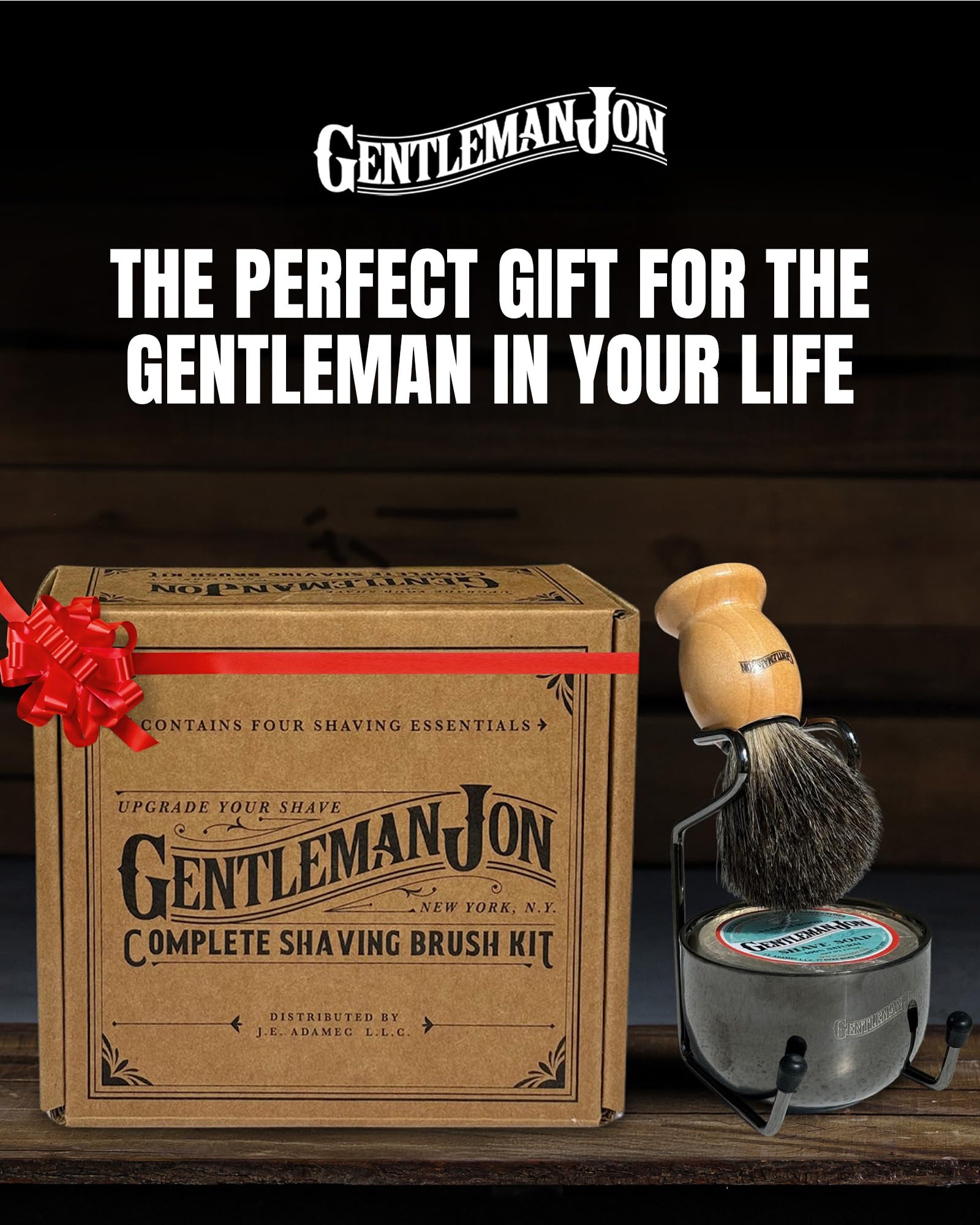 Gentleman Jon complete shaving brush kit packaging showcases traditional barber style craftsmanship.