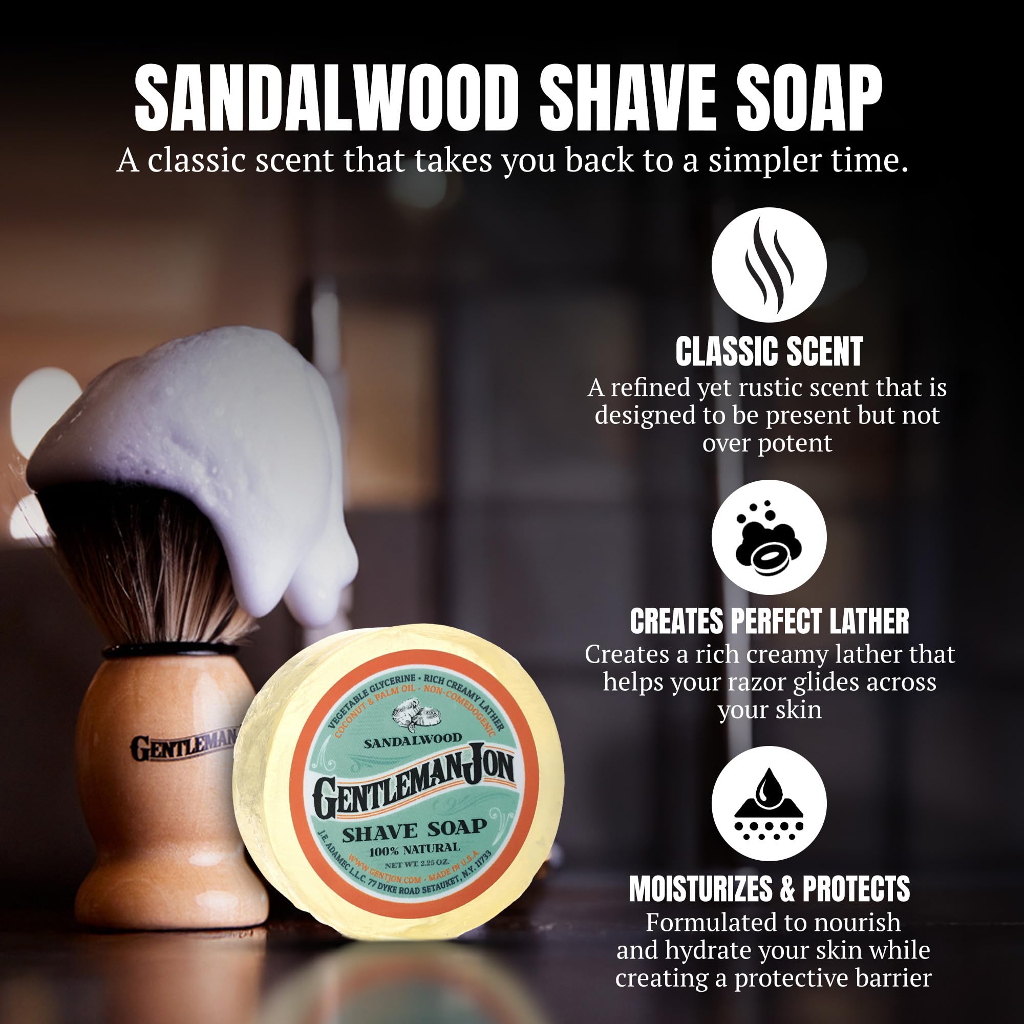 Gentleman Jon sandalwood-shave-soap nourishes skin with creamy lather.