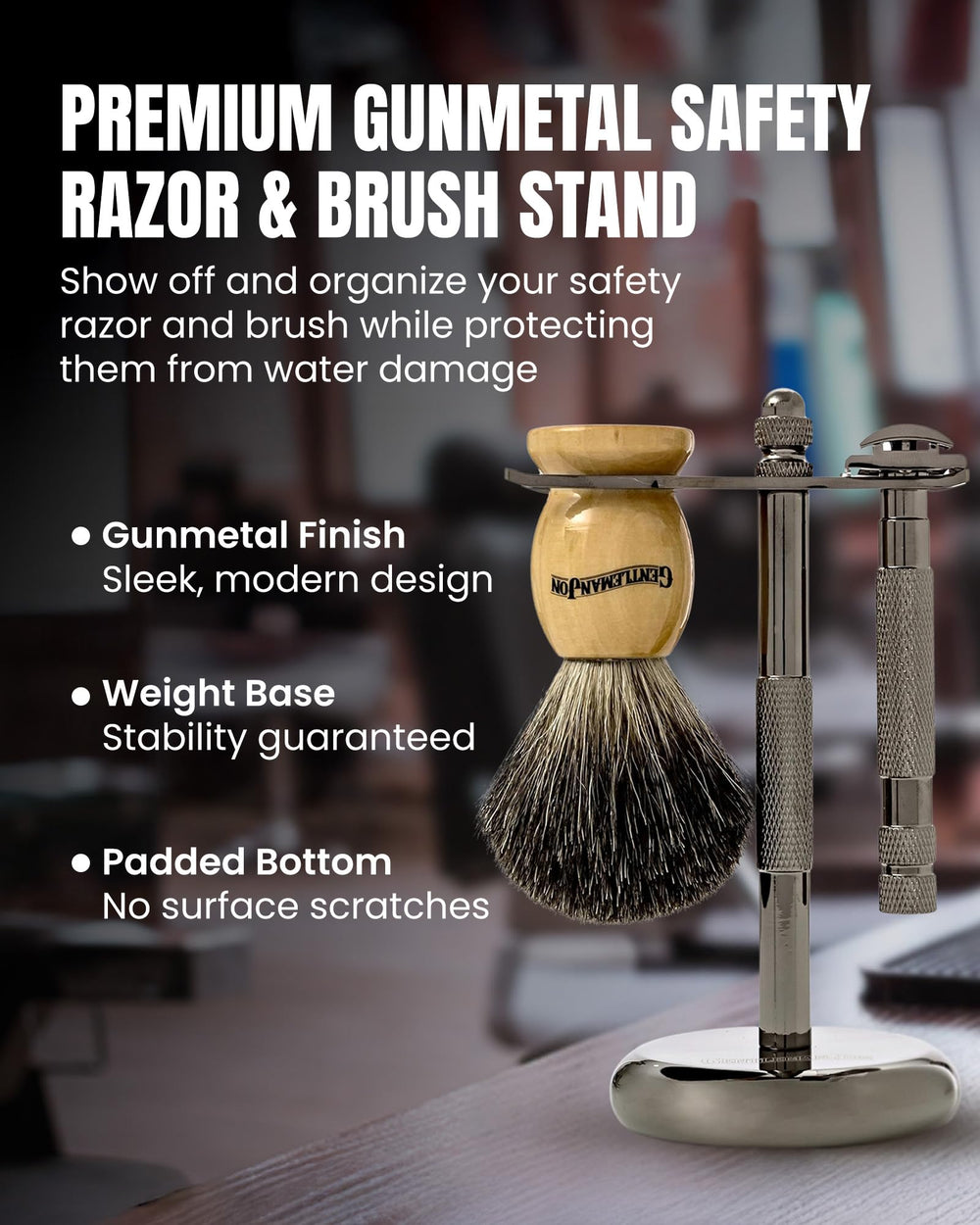 Gentleman Jon shaving stand gunmetal-finish adds sleek style to grooming ritual.