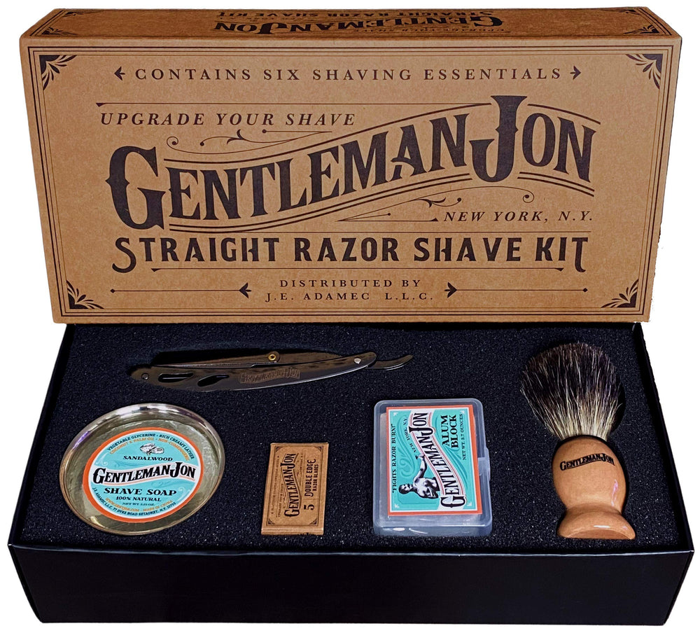 Gentleman Jon straight razor kit package for a refined traditional shaving ritual.