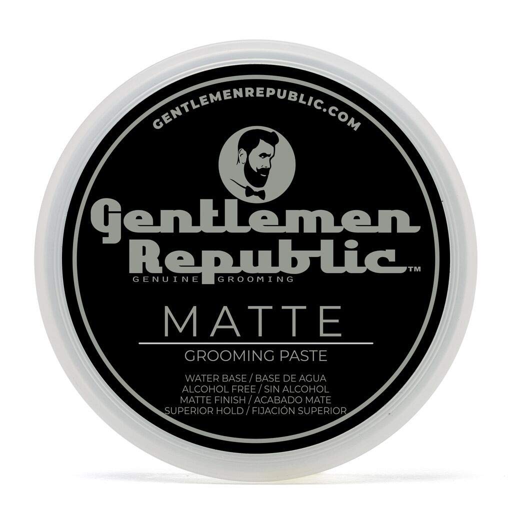 Gentlemen Republic matte paste bottle closeup highlights strong hold and natural matte finish.