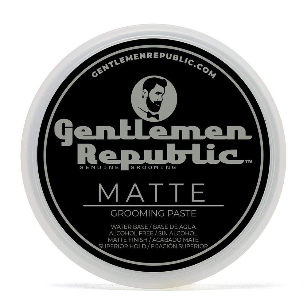 Gentlemen Republic matte paste bottle closeup highlights strong hold and natural matte finish.
