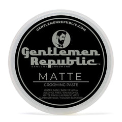 Gentlemen Republic matte paste bottle closeup highlights strong hold and natural matte finish.