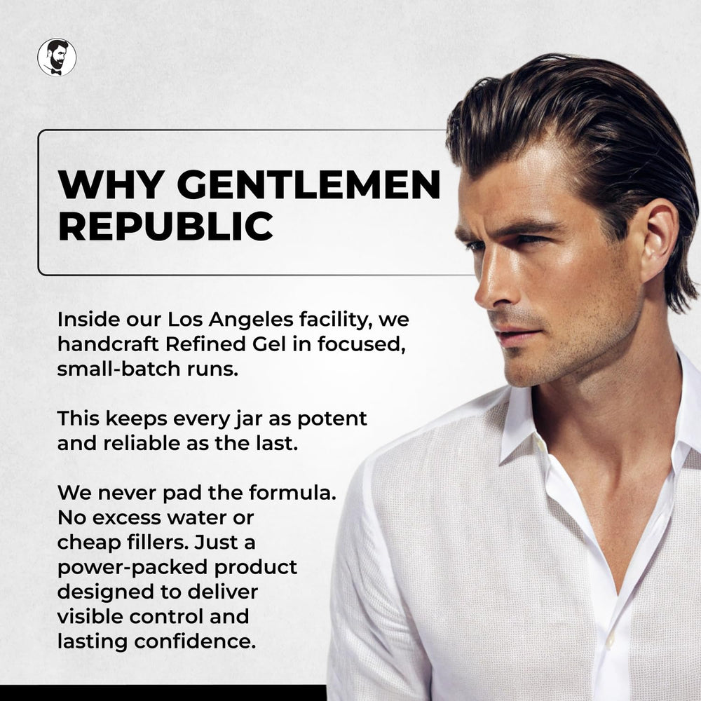 Gentlemen Republic Refined Hair Gel 24-hour performance depicts all-day style and confidence.