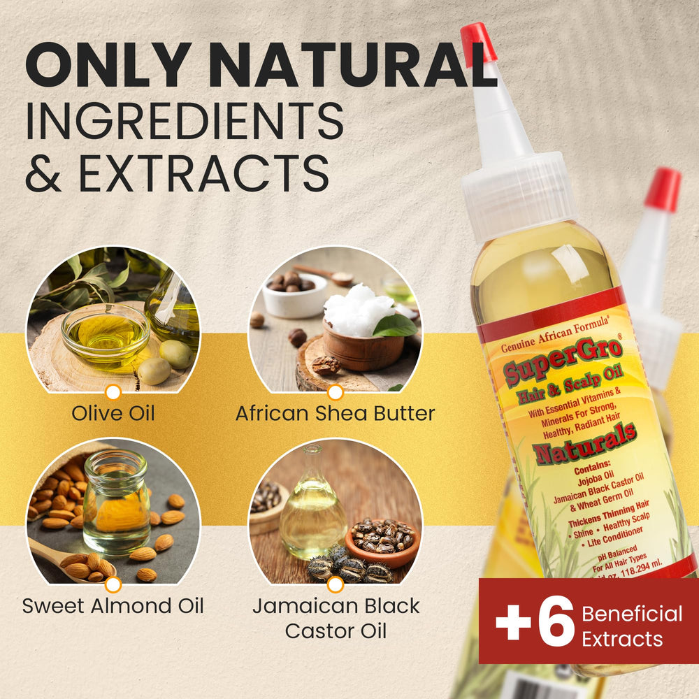 Genuine African Formula SuperGro oil on hair for moisture and shine