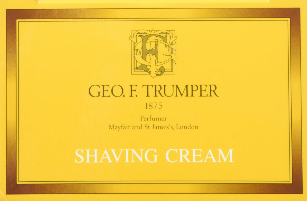 Geo F. Trumper Sandalwood Soft Shaving Cream label highlights English craftsmanship