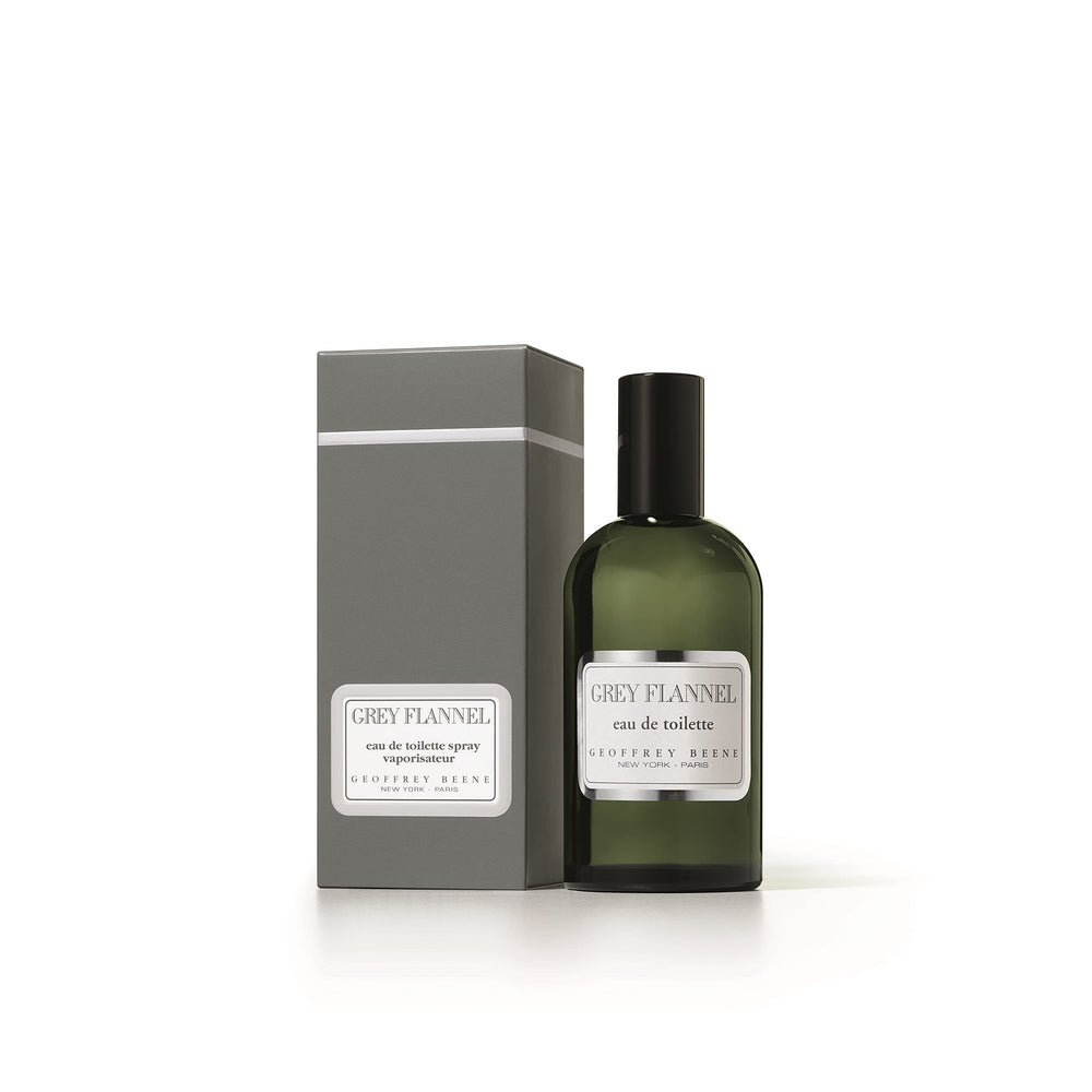 Geoffrey Beene Grey Flannel bottle closeup highlighting elegant design and confidence-boosting fragrance