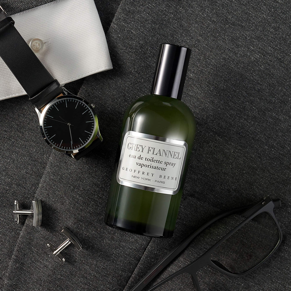 Geoffrey Beene Grey Flannel shelf display highlighting accessible luxury fragrance option