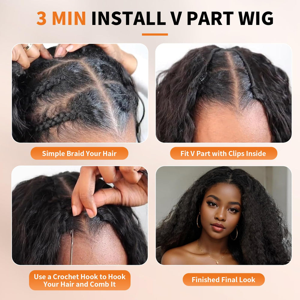 Geogroket Afro Curly V Part Wig curl closeup captures textured kinky curls for realism.