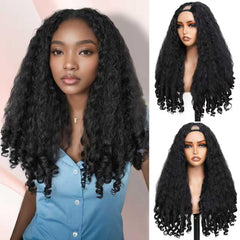 Geogroket Afro Curly V Part Wig front view shows natural-looking, bouncy curls for seamless blend.