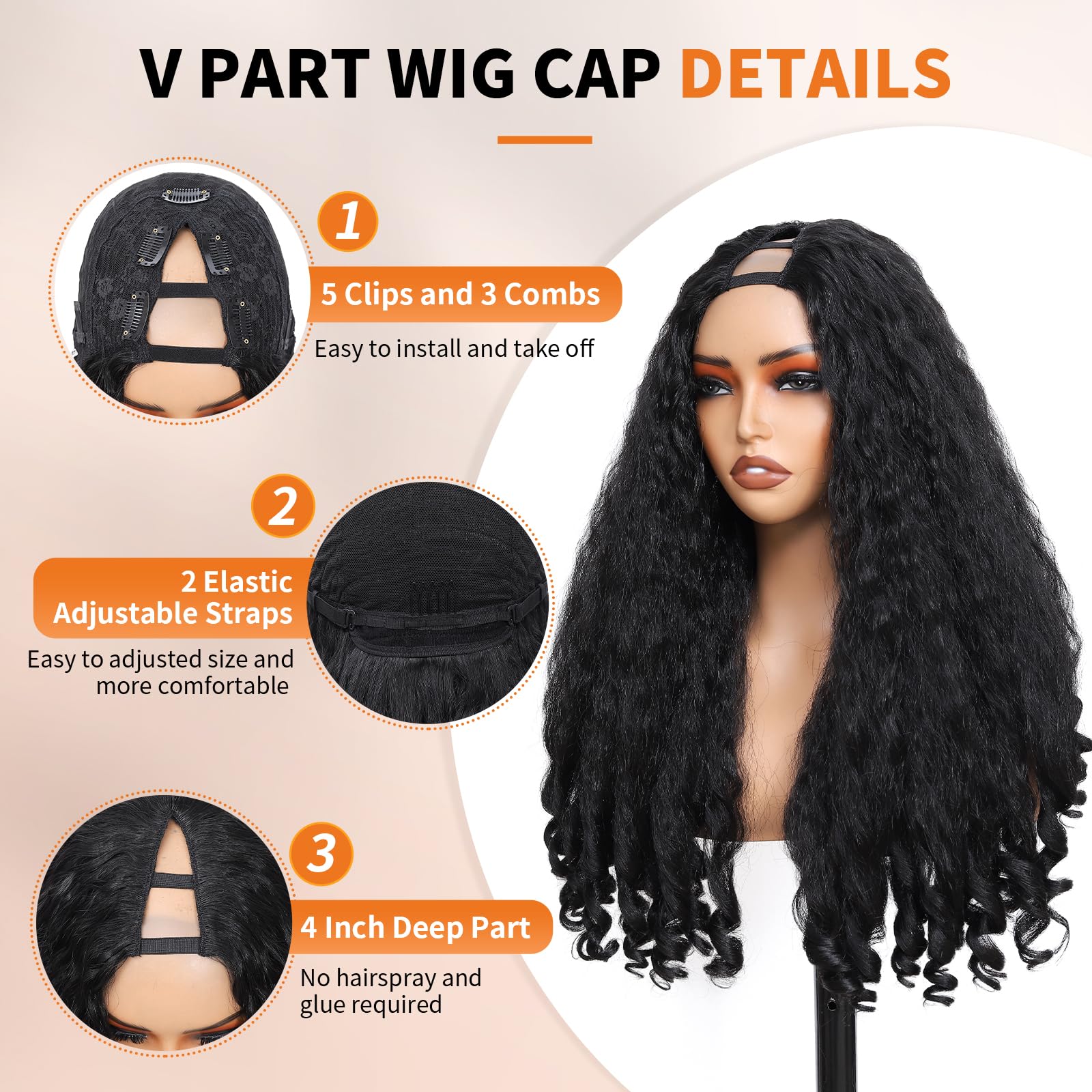 Geogroket Afro Curly V Part Wig inside cap shows secure grip with multiple combs.