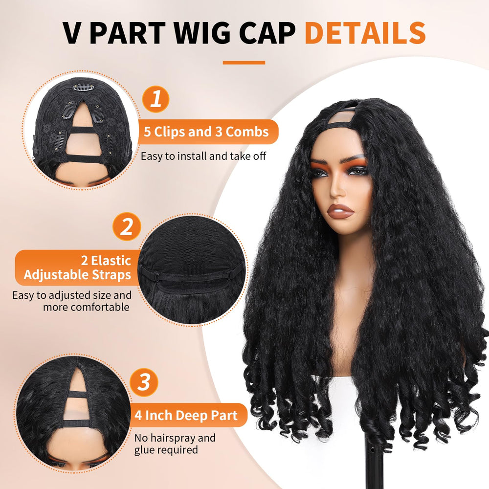 Geogroket Afro Curly V Part Wig inside cap shows secure grip with multiple combs.