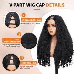 Geogroket Afro Curly V Part Wig inside cap shows secure grip with multiple combs.