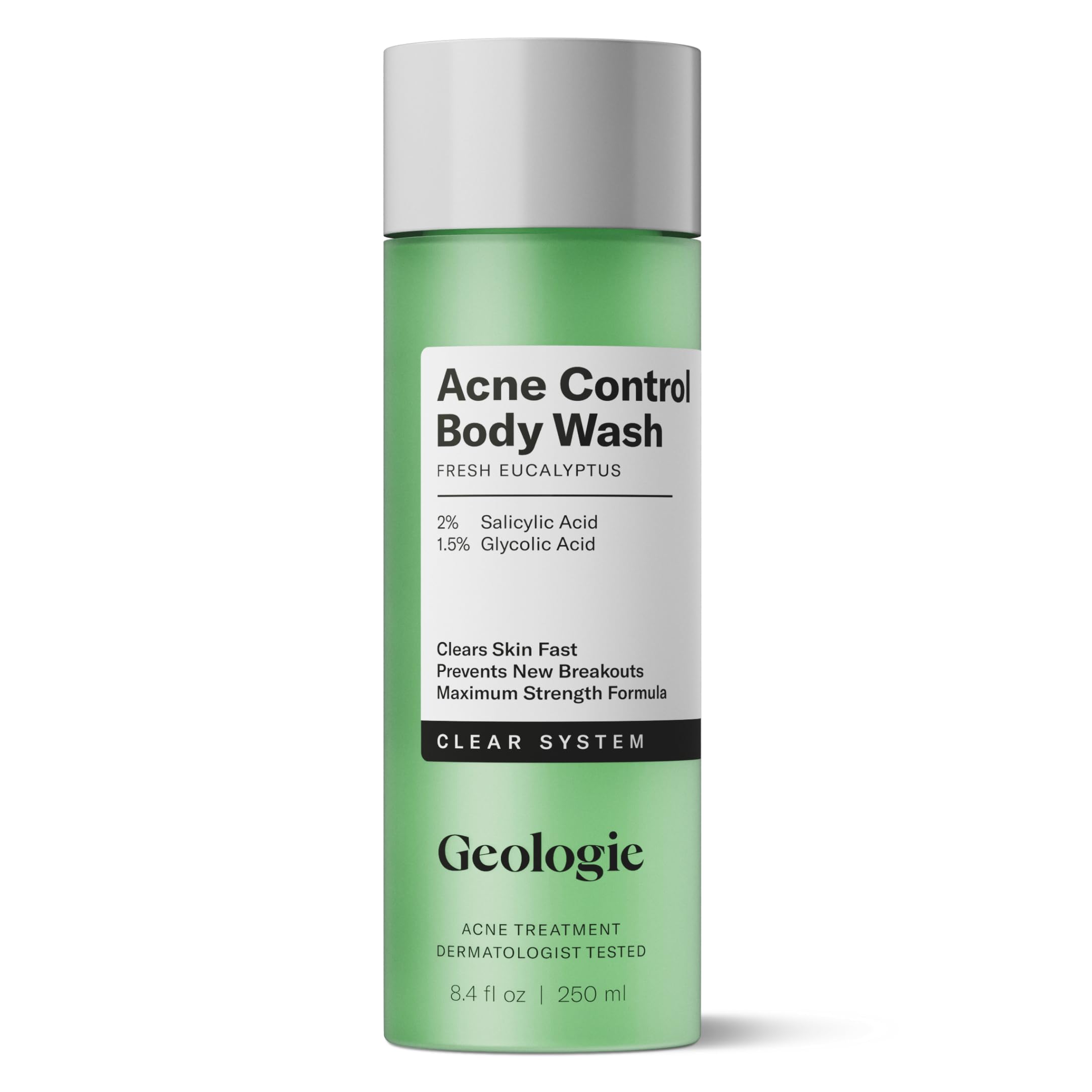 Geologie Acne Control Body Wash bottle closeup for refreshing cleanse and oil control