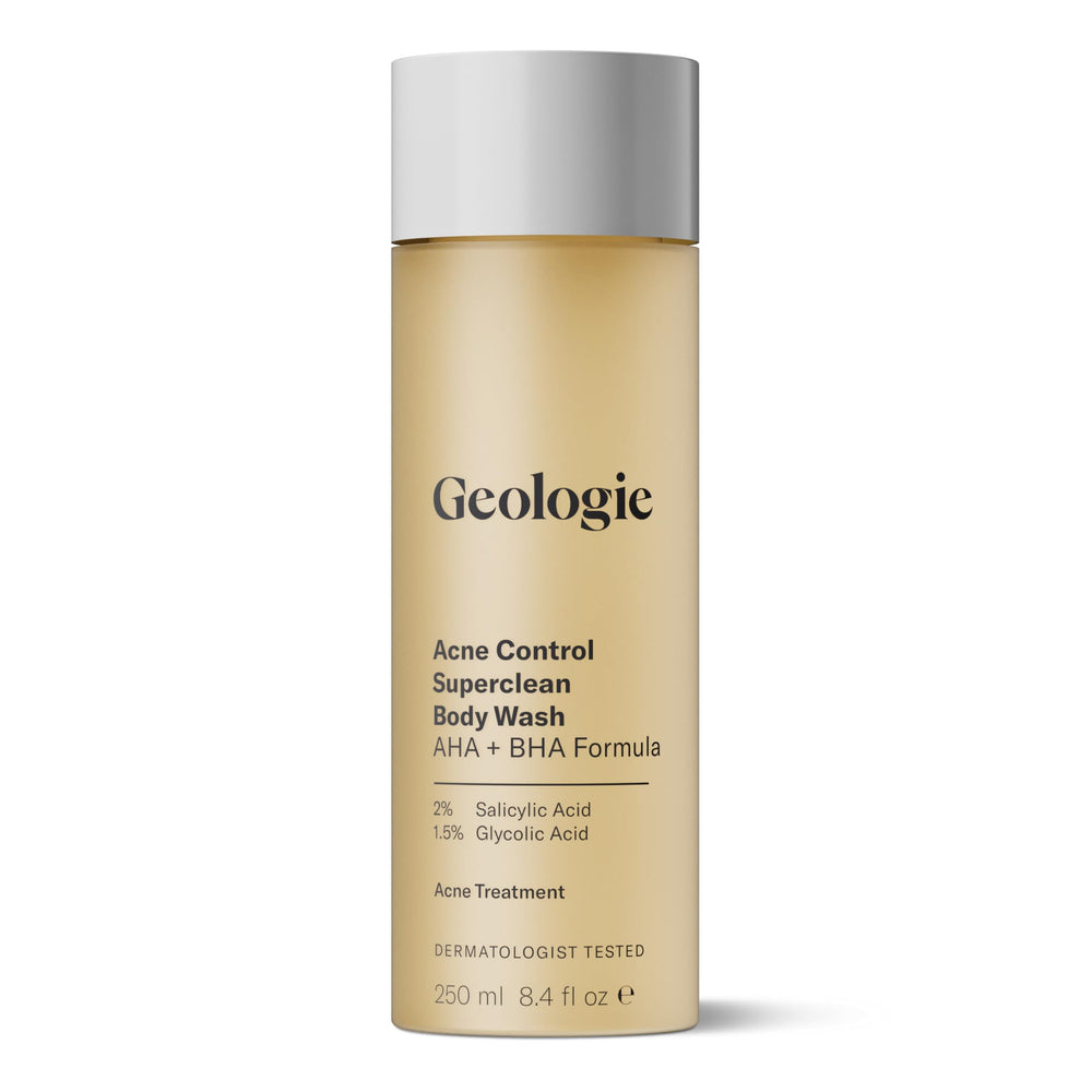 Geologie Acne Control Body Wash bottle pour shows unscented exfoliating formula for clear skin.