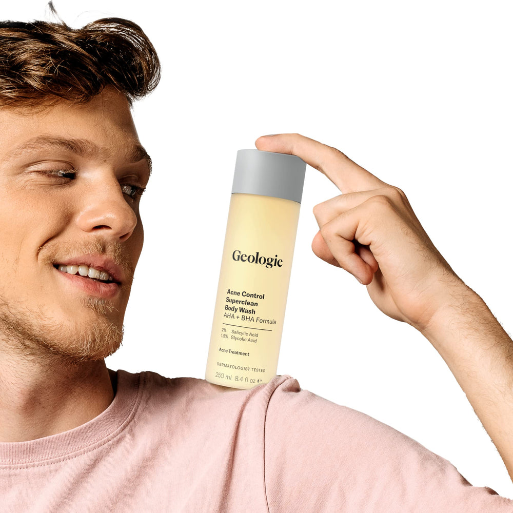 Geologie Acne Control Body Wash fragrance-free bottle communicates skin friendly care.