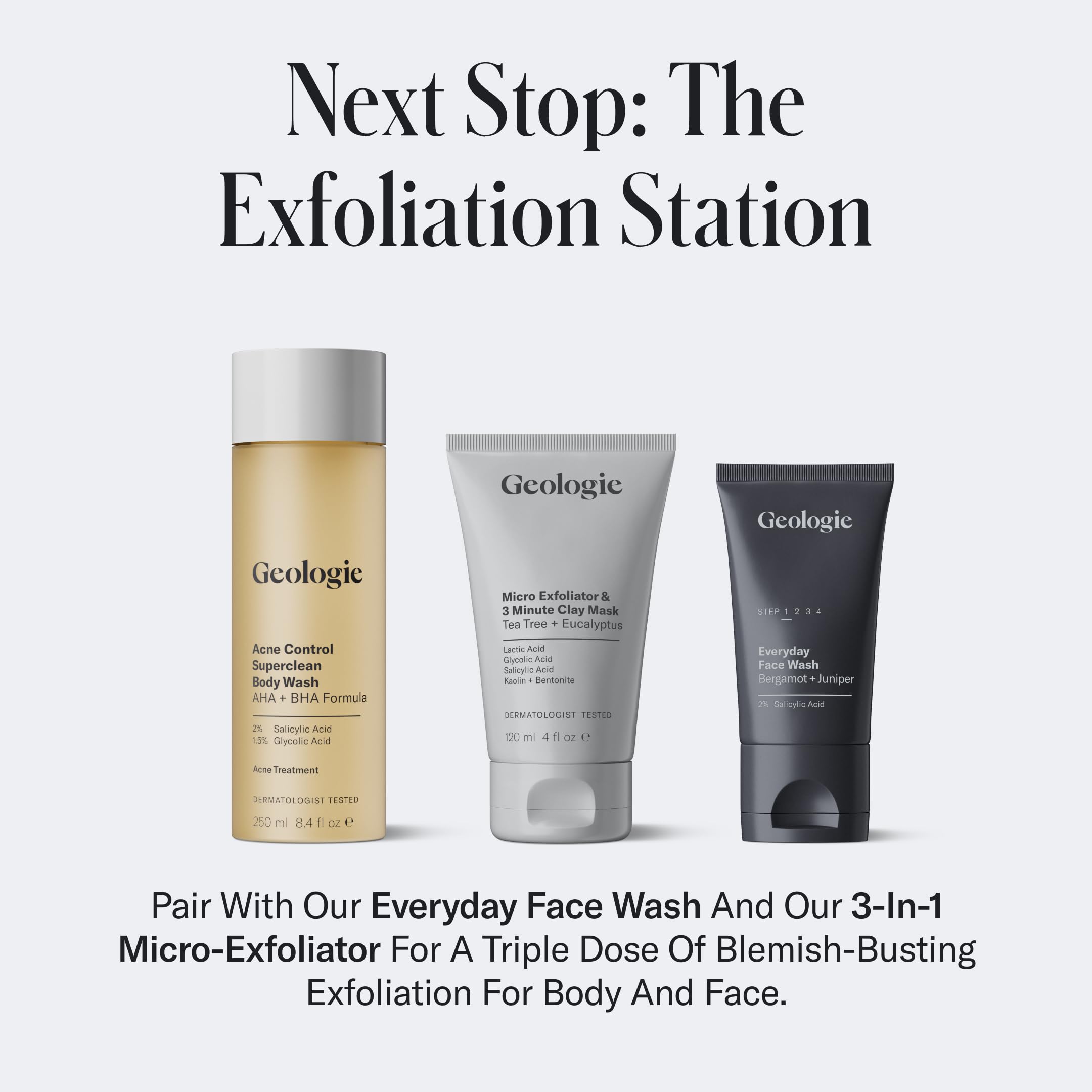 Geologie Acne Control Body Wash hand applying lather for body-wide exfoliation.