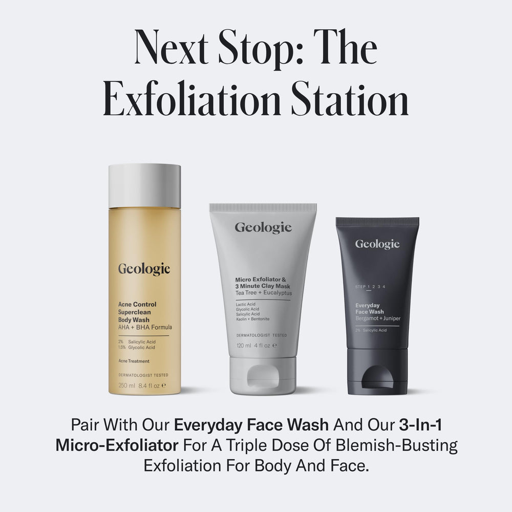 Geologie Acne Control Body Wash hand applying lather for body-wide exfoliation.
