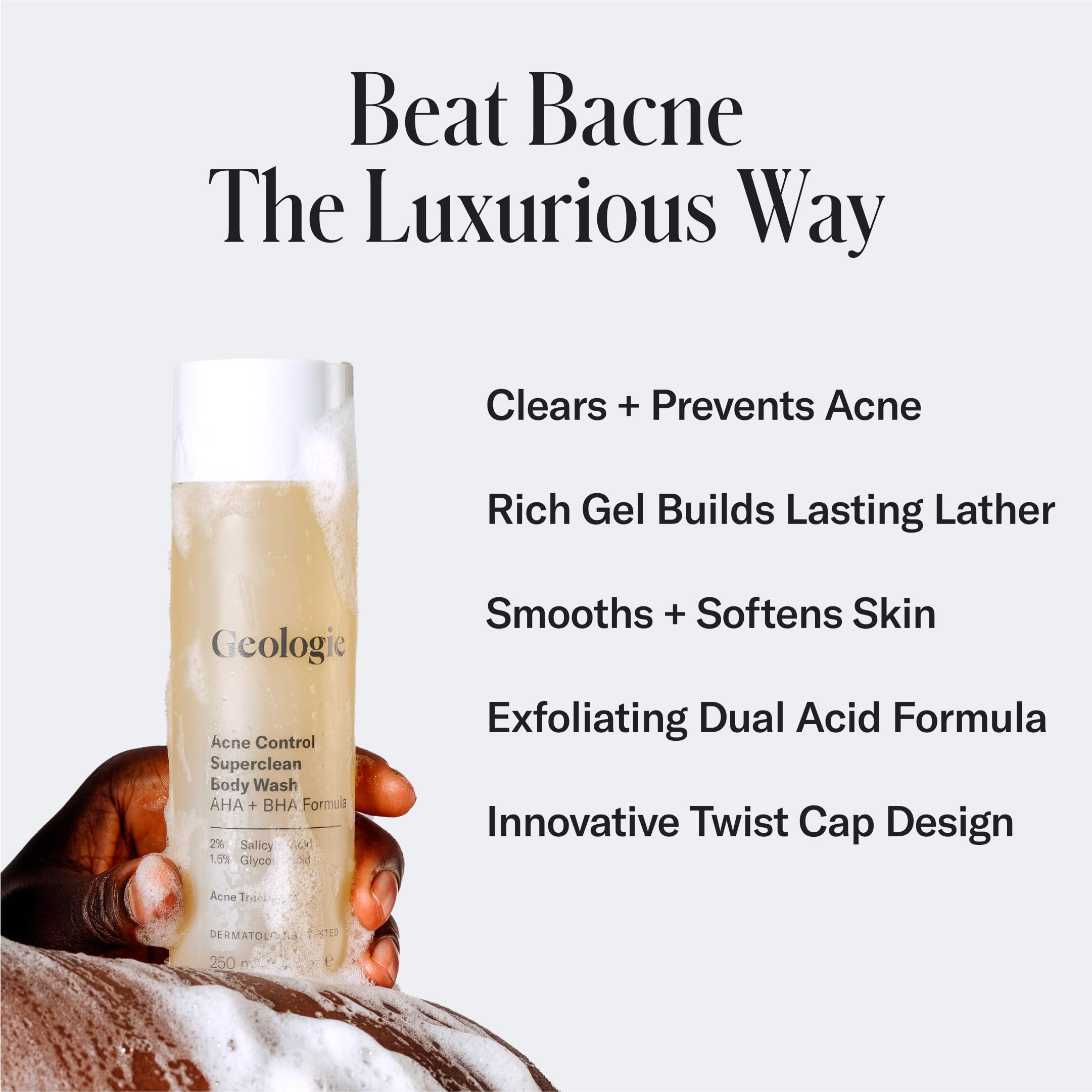 Geologie Acne Control Body Wash pump dispenser image emphasizes mess-free dosing.
