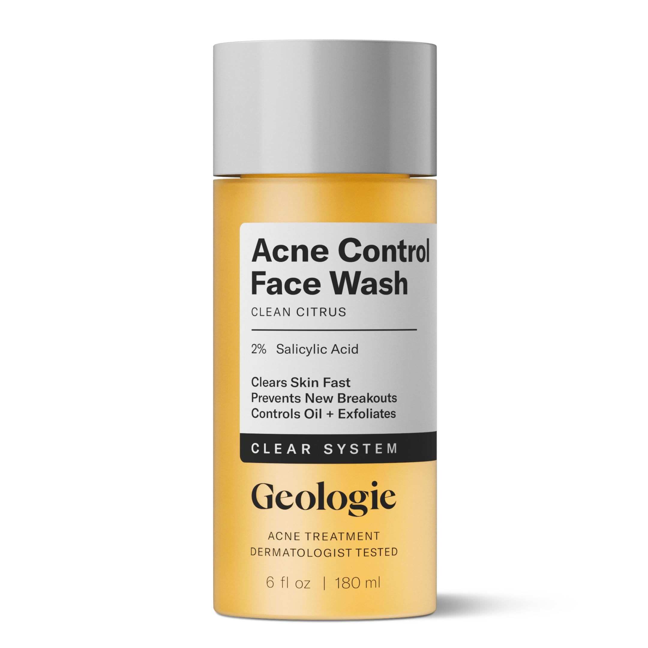 Geologie Acne Control Face Wash bottle front shows 2% salicylic acid for clearer pores.