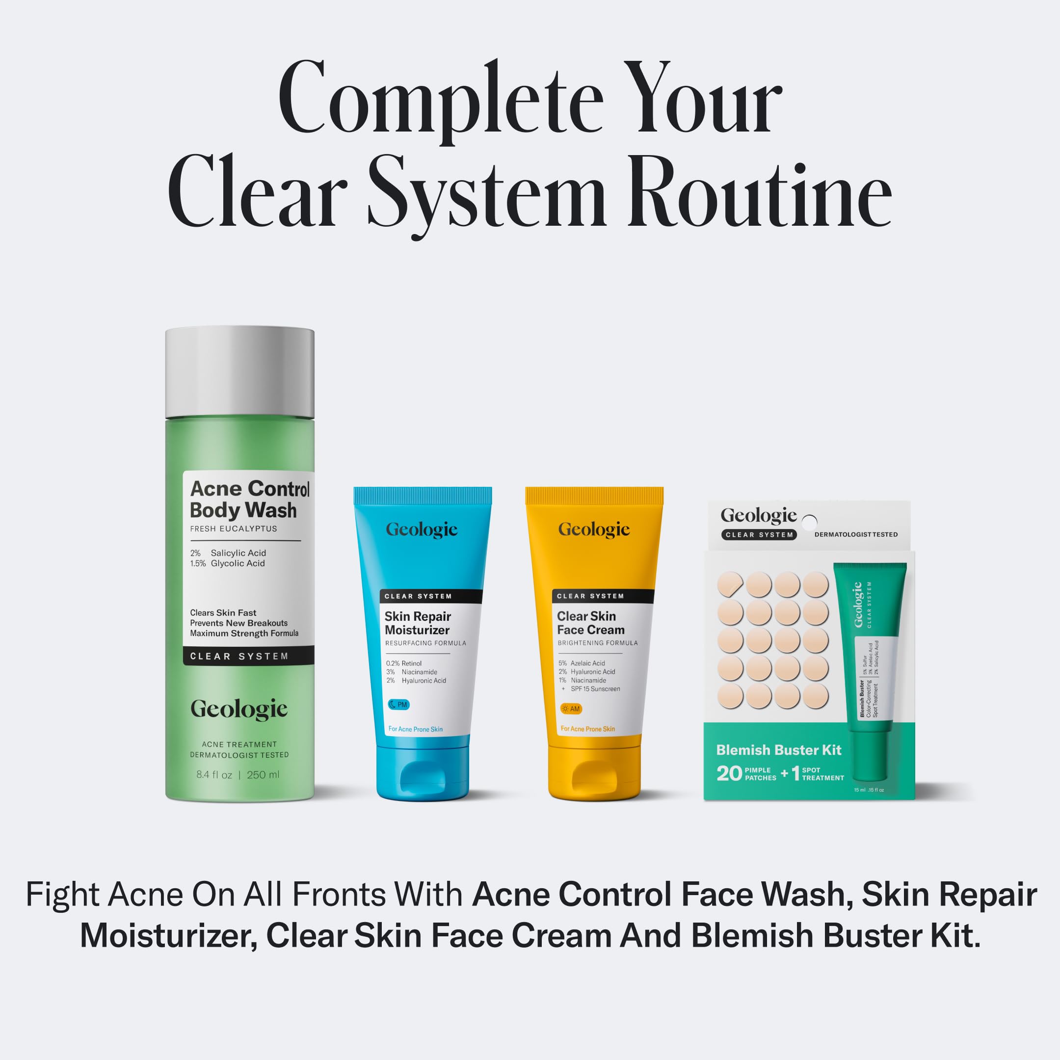 Geologie Acne Control Face Wash ingredients and dermatologist-tested assurance near the label.