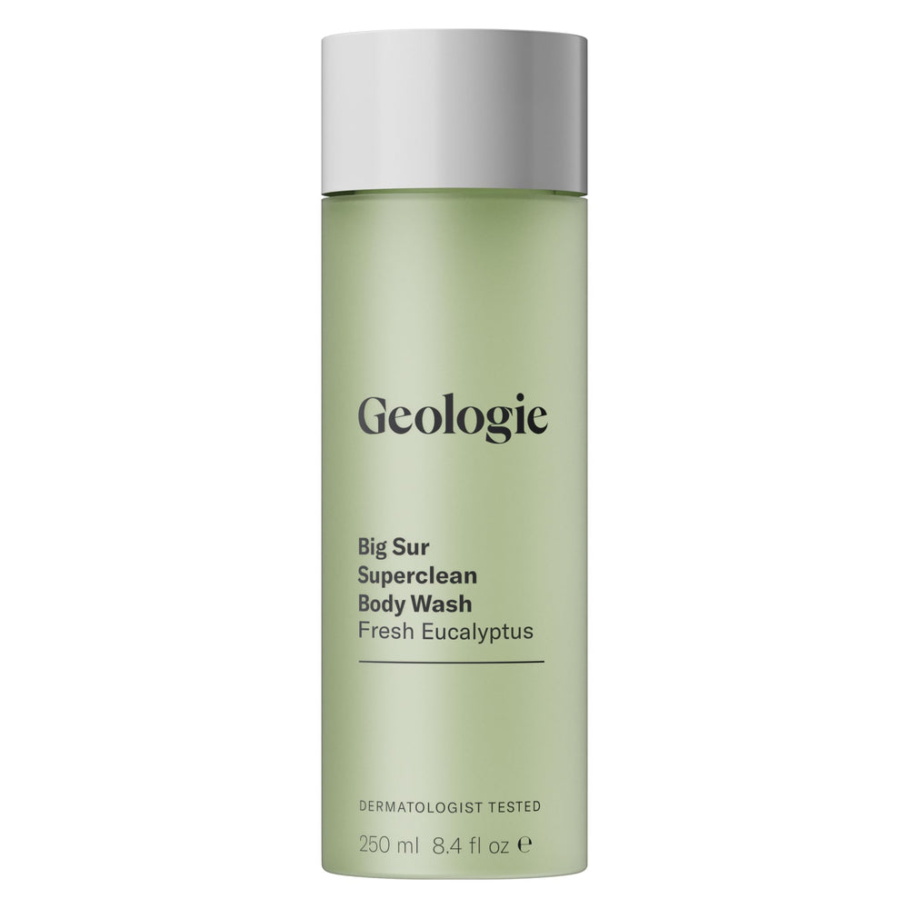 Geologie Big Sur Fresh Eucalyptus bottle highlights eco-friendly packaging and natural scent.