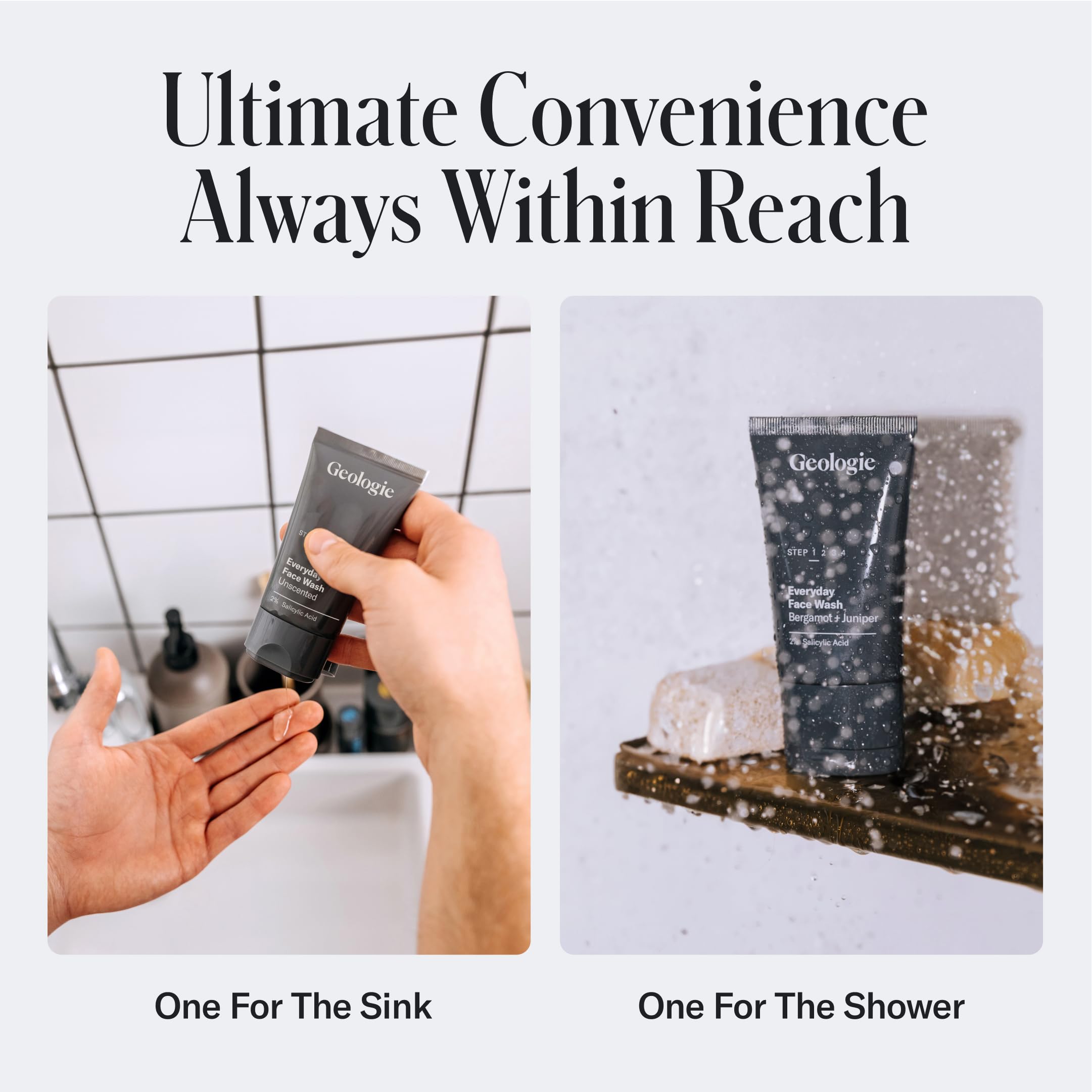 Geologie bottle on bathroom shelf suggesting convenient twice-daily cleansing.